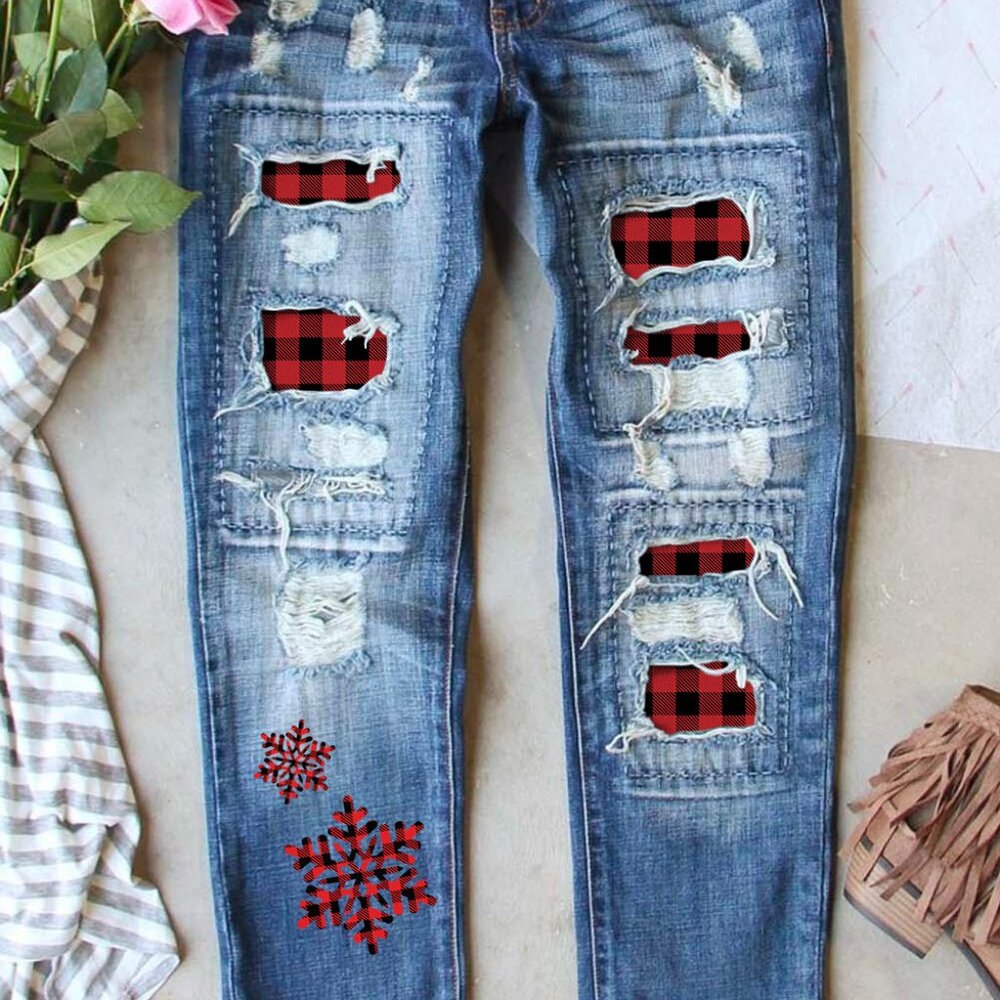 Red Plaid Snowflake Jeans